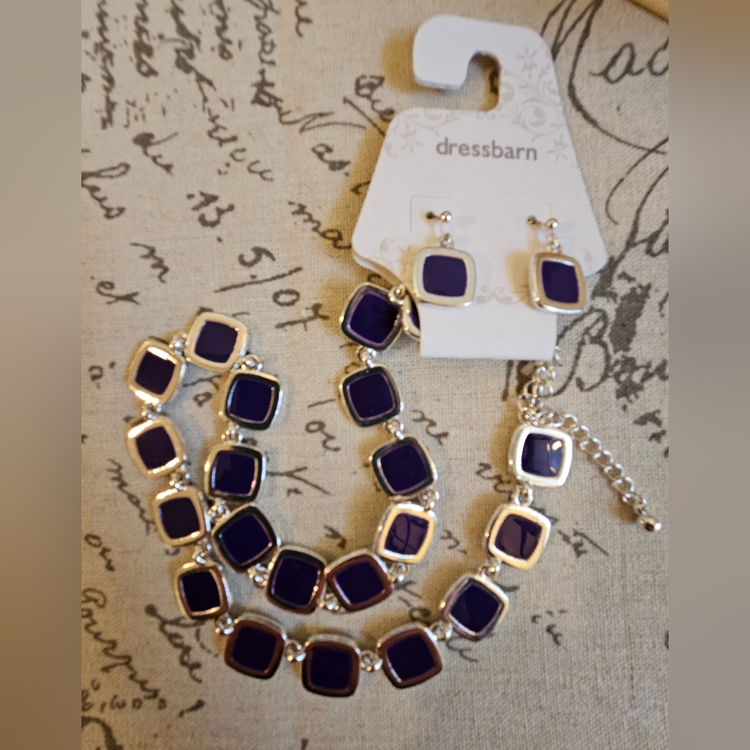Silverstone And Purple Enamel Necklace And Earrings Set 15$